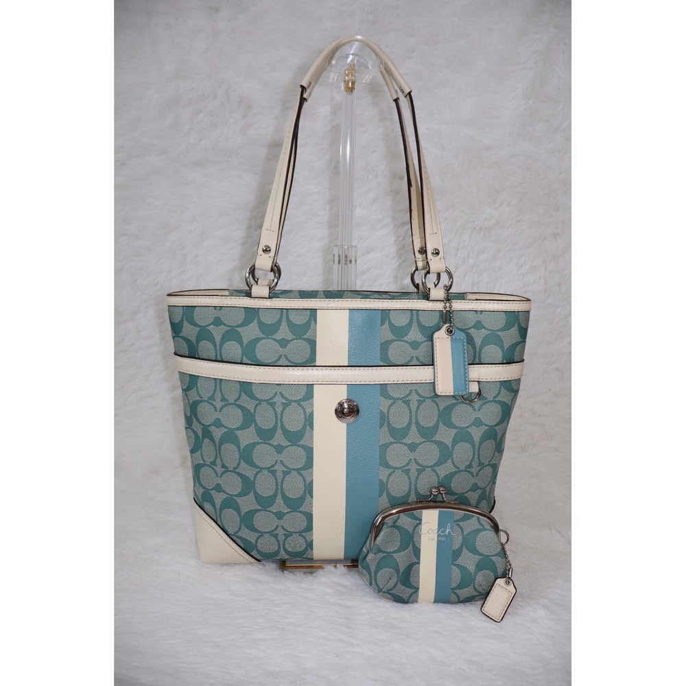 Coach Signature Heritage Stripe Tote Bag and Coin Purse Teal Cream F14477